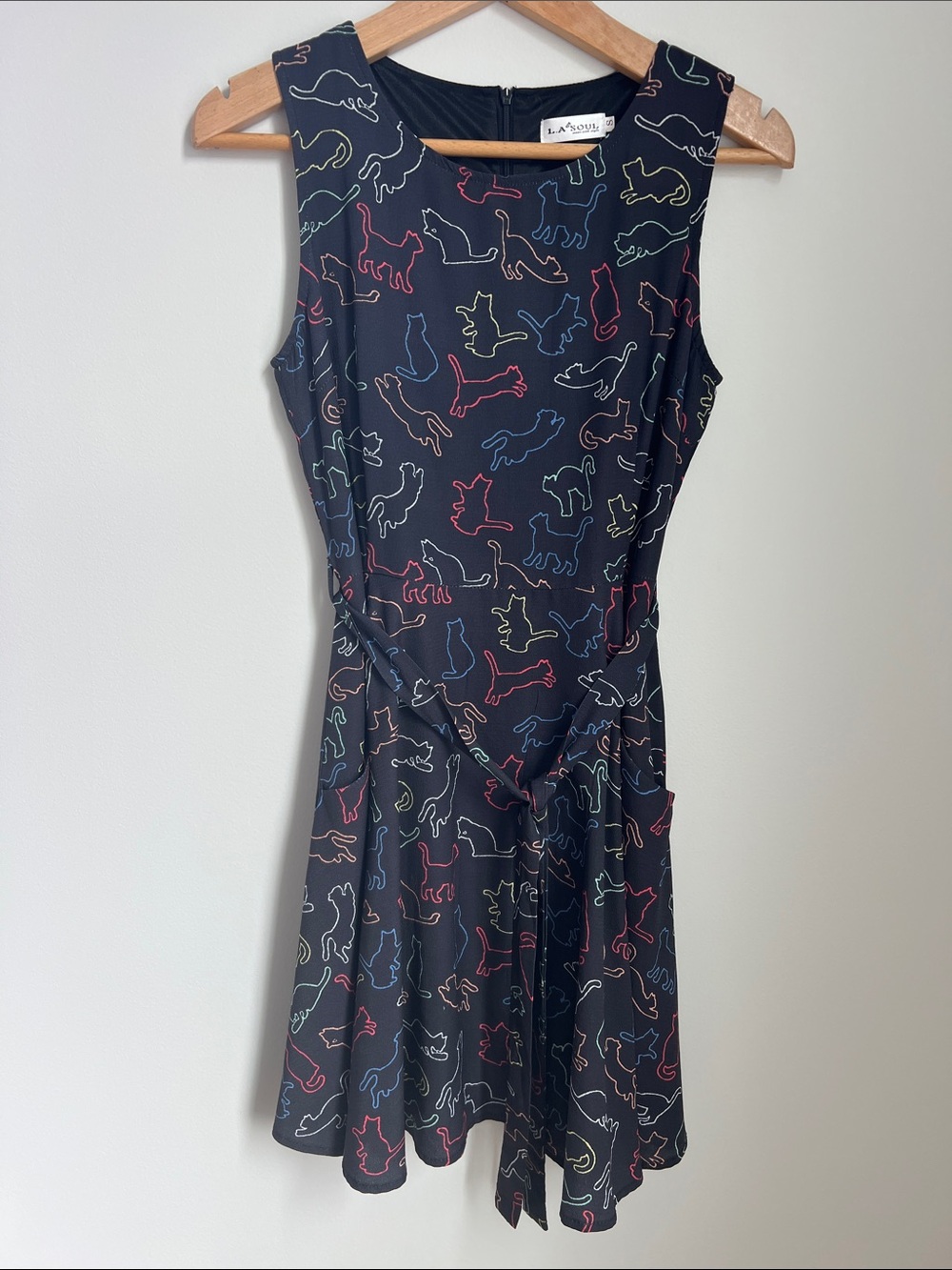 La Soul | Sleeveless Black Cat-Print Tie-Waist Mini Dress Size S